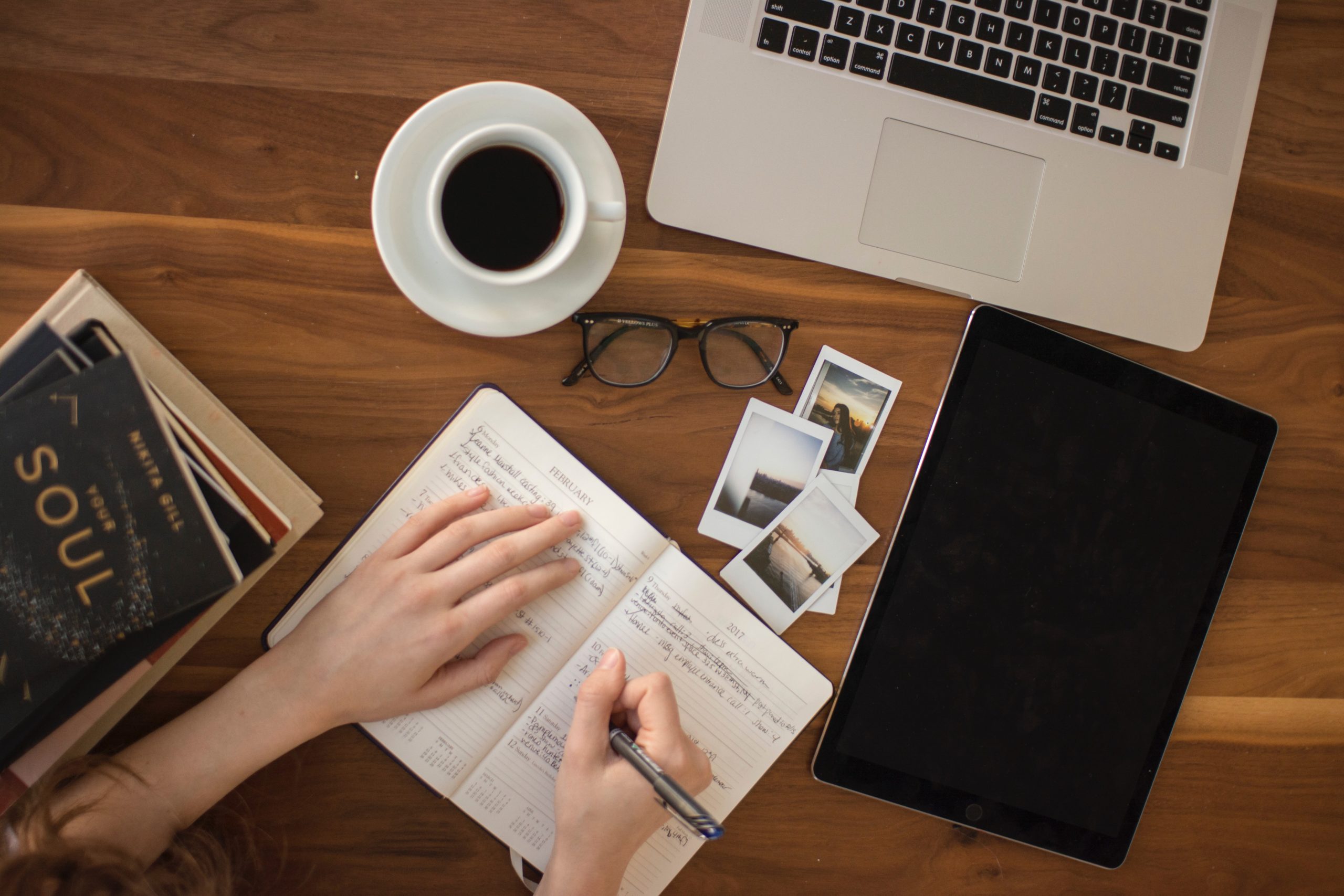 birds eye view of a busy desk